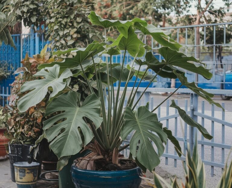 Hydroponik Alocasia vor blauem Zaun