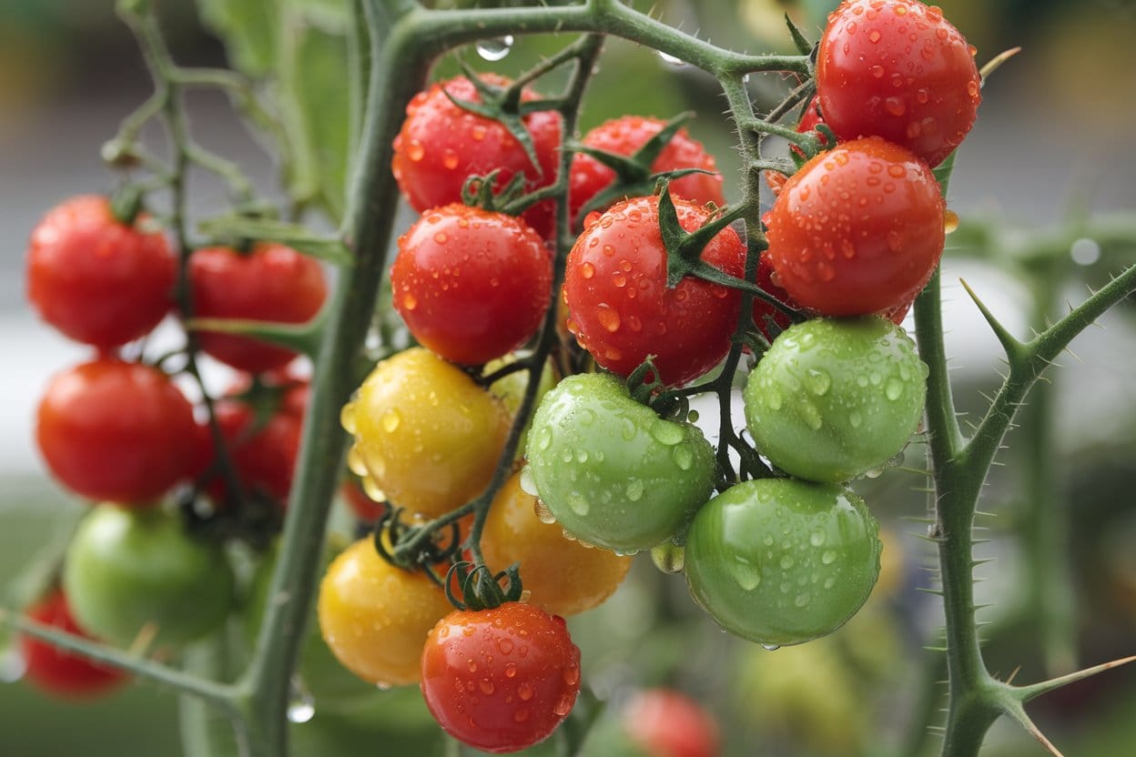 Hydroponik Tomaten mit Tautropfen an Pflanze