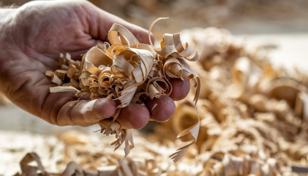 Hand holding wood shavings as a potential substrate for hydroponics; a sustainable, well-ventilated, and biodegradable alternative to synthetic materials.