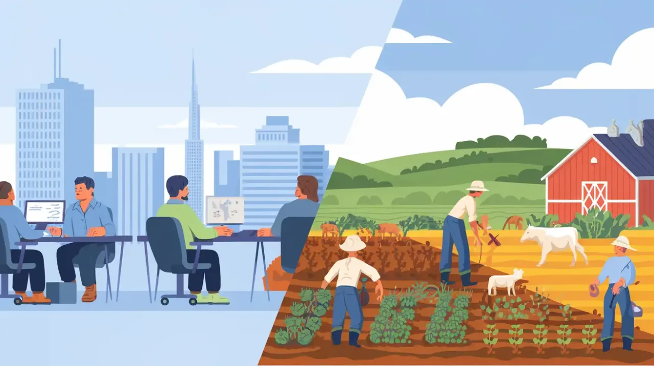 Hybrides Arbeiten: Geteiltes Bild von Büroangestellten und Landwirten in urbanen und ländlichen Umgebungen.