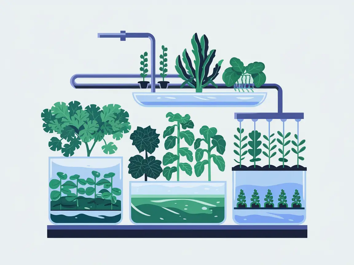 Illustration eines Hydroponik-Systems mit verschiedenen Pflanzenarten in wassergefüllten Behältern, die über ein Rohrsystem mit Nährstoffen versorgt werden.