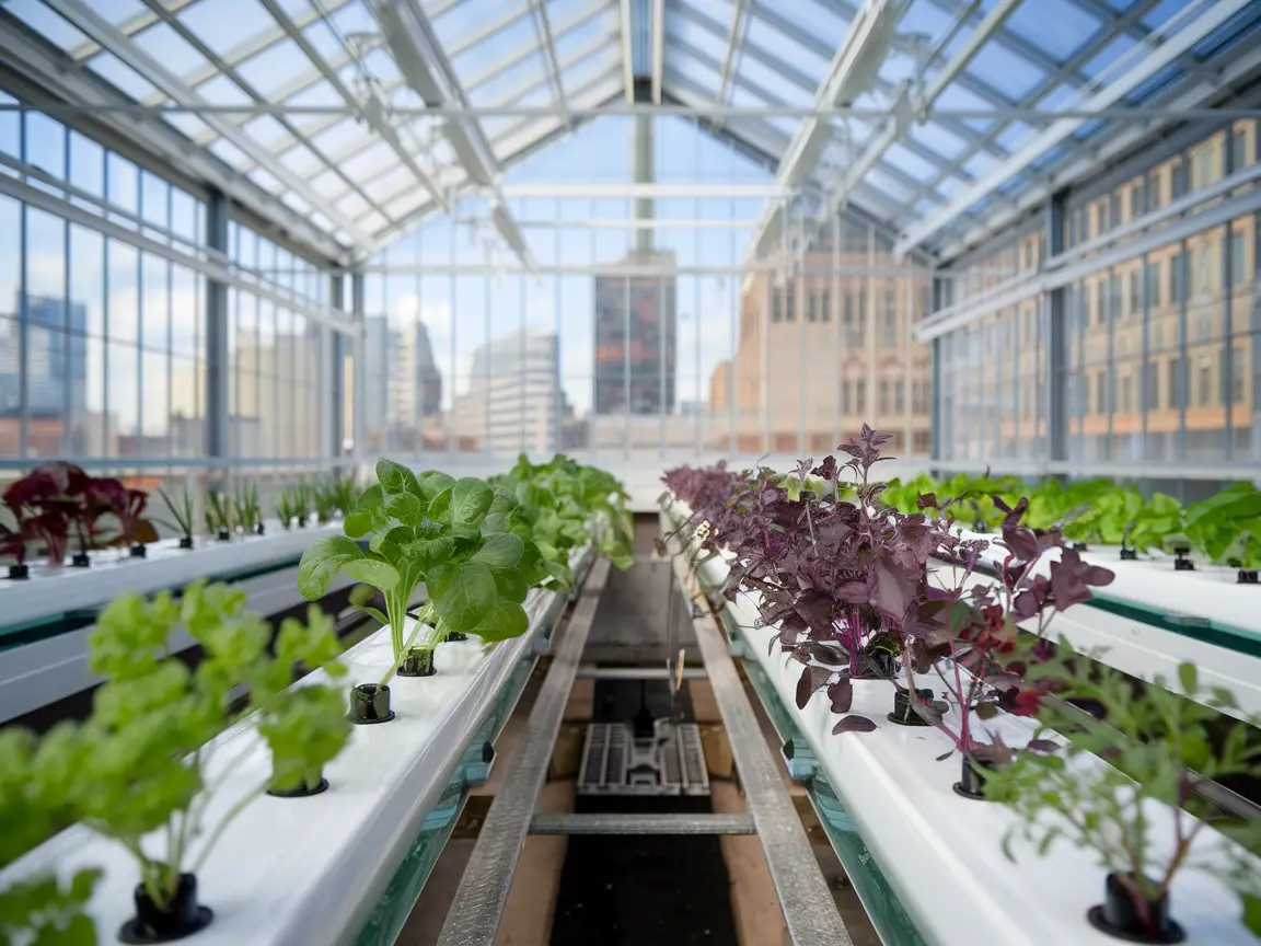 Moderne hydroponiske system til urban farming i et bydrivhus, der dyrker friske krydderurter og bladgrøntsager, omgivet af Detroits skyline.