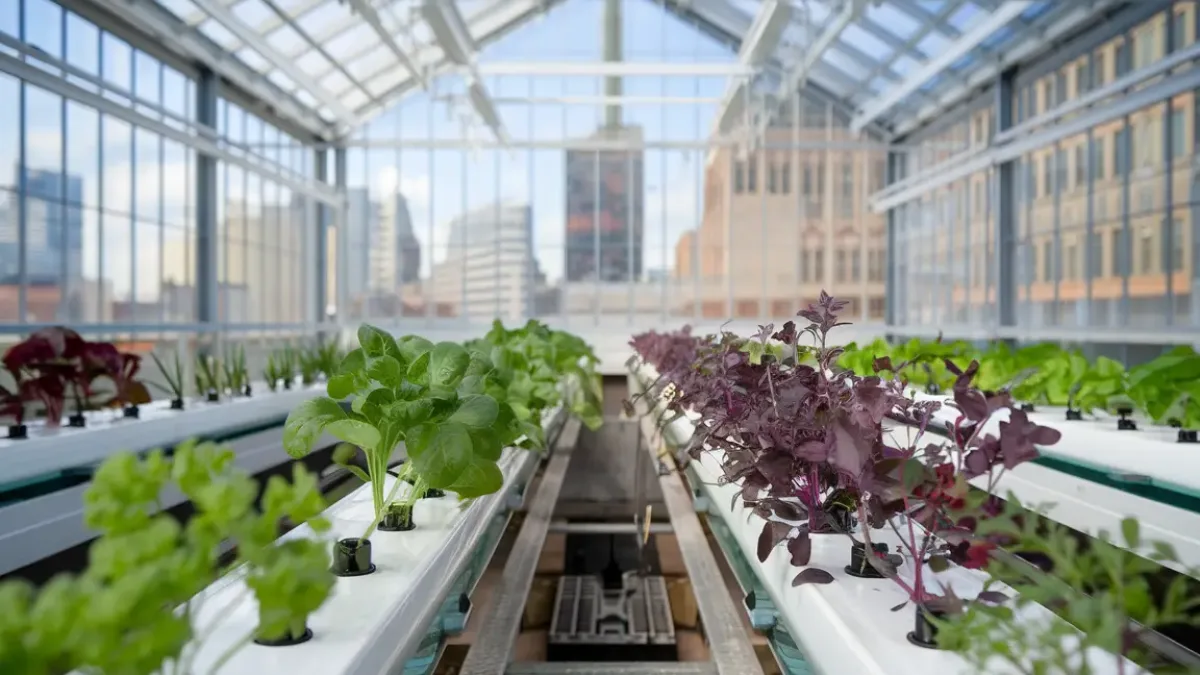 Modernes hydroponisches System für Urban Farming in einem städtischen Gewächshaus, mit frischen Kräutern und Blattgemüse in der Innenstadt, umgeben von Detroits Skyline.