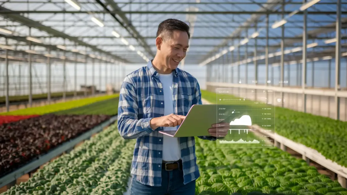 Mann im Smart Gewächshaus überwacht Pflanzenwachstum mit Tablet und integriertem Datensystem für nachhaltige Landwirtschaft.